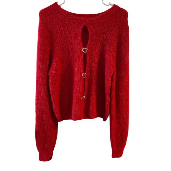 Madden Girl Women's Red Crew Neck Long Sleeve Sweater Soft Hearts Size XL - Picture 1 of 6